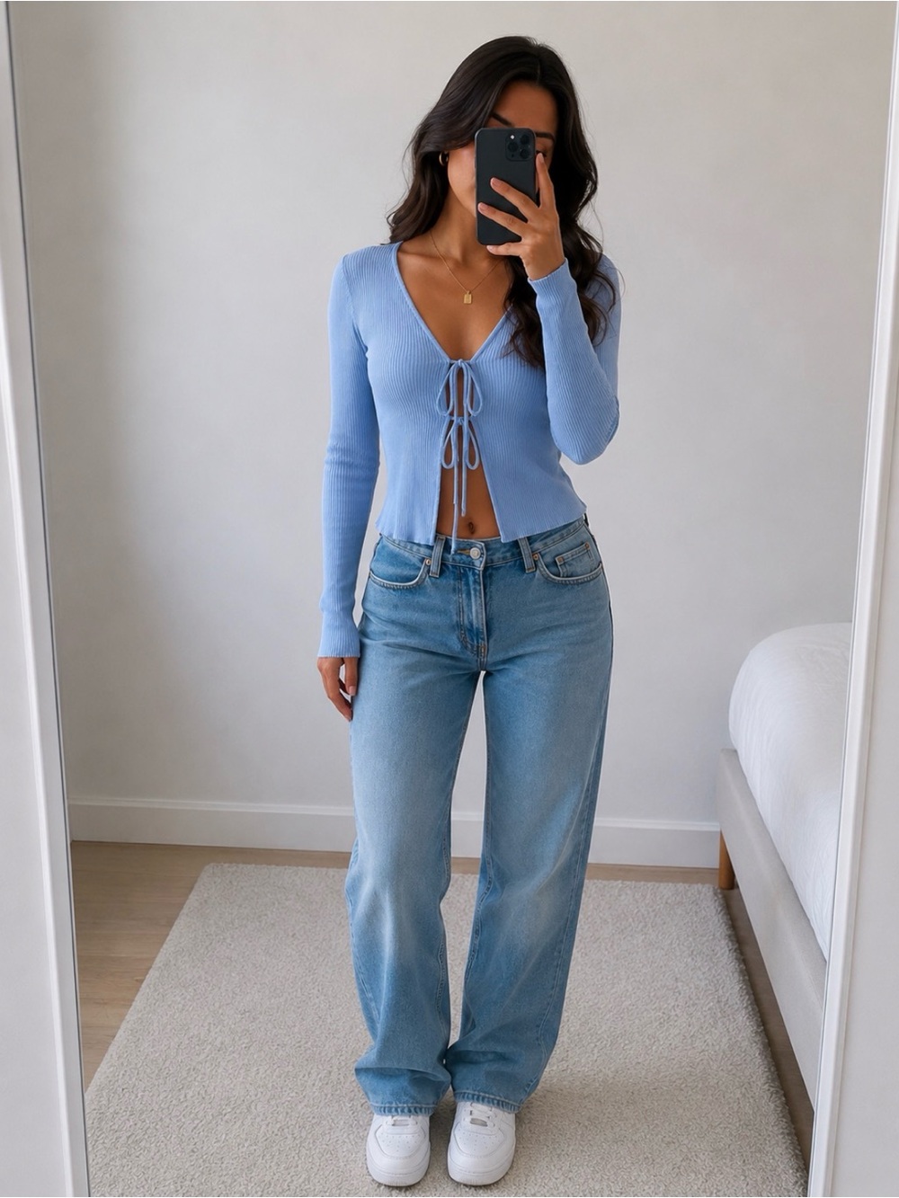 Light Blue Ribbed Tie-Front Cardigan Shirt